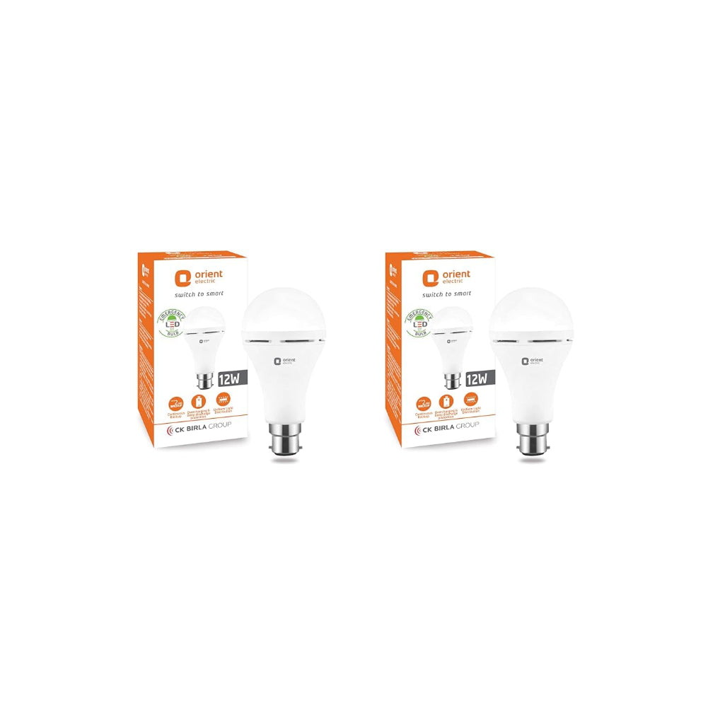 Orient Electric 12W Emergency LED bulb| Rechargeable LED light| 2 hours battery backup| Up to 4 kV surge protection| 6500K, Cool White| B22d base| Made in India| Pack of 2