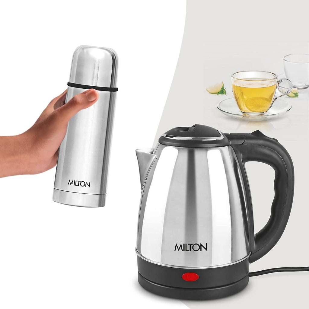 Milton Go Electro Stainless Steel Electric Kettle 1500+Flip Lid 350 Thermosteel Bottle, Super Fast Boiling with 3X Protection Kettle-Overheat, Dry Boil Protection, Leak Proof, Vacuum Insulated, Silver