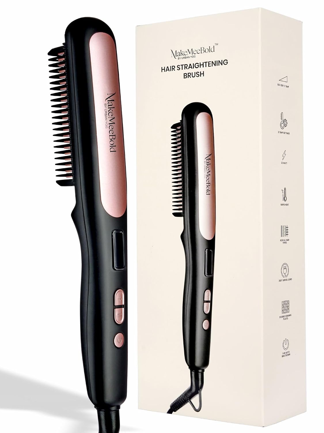 Urban Yog MakeMeeBold Hair Straightener Brush & Dry Shampoo Spray 200ml Combo | Frizz Free Hair Electric Hair Straightner Comb | Ceramic Coated Plates
