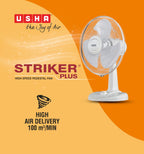 USHA Striker Plus Table Fan | 400mm Sweep | 2100 RPM High-Speed Air Delivery | 100% Copper Motor |Jerk-Free Uniform Oscillation |Aerodynamic Blade Design |Anti-Rust Protection | 2-Year Warranty |White