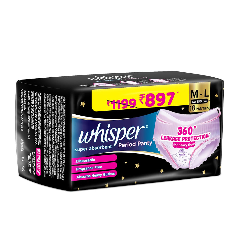 Whisper Super Absorbent Period Panty, 18 M-L Pants, 360 Degree Leakage Protection* for Heavy Flow, Panty like Fit, Full back Coverage, Absorbs Heavy Gushes, Silky Soft, Comfortable Feel