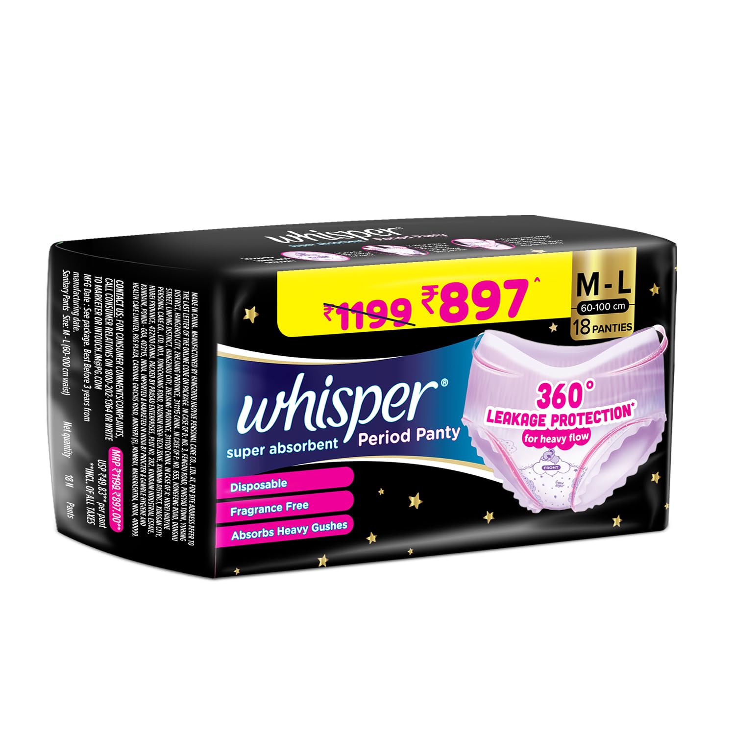 Whisper Super Absorbent Period Panty, 18 M-L Pants, 360 Degree Leakage Protection* for Heavy Flow, Panty like Fit, Full back Coverage, Absorbs Heavy Gushes, Silky Soft, Comfortable Feel