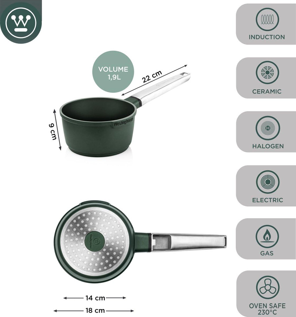 Westinghouse Performance Series Non Stick Saucepan 18cm - Lightweight Cast Aluminium - Saucepans for Induction Hobs, All Other Stove Types & Oven Proof - Stainless Steel Handle - Green WCSP0095N18SG