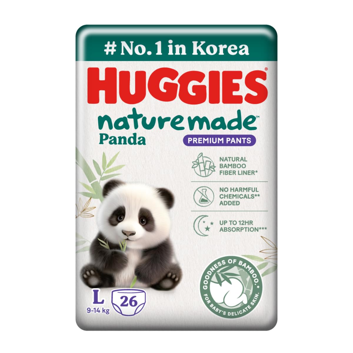 Huggies Naturemade Premium Ultra-thin Bamboo diapers Large 26pc,12hr lock