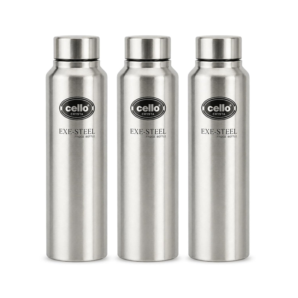 CELLO Crysta Stainless Steel Water Bottle for Daily Use Set of 3 Pcs Silver, 1000 ml | Single Wall, Rustproof & Leakproof, Fridge Safe | Stainless Steel Water Bottle for Kids, Office, Travel, Picnic