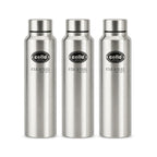 CELLO Crysta Stainless Steel Water Bottle for Daily Use Set of 3 Pcs Silver, 1000 ml | Single Wall, Rustproof & Leakproof, Fridge Safe | Stainless Steel Water Bottle for Kids, Office, Travel, Picnic
