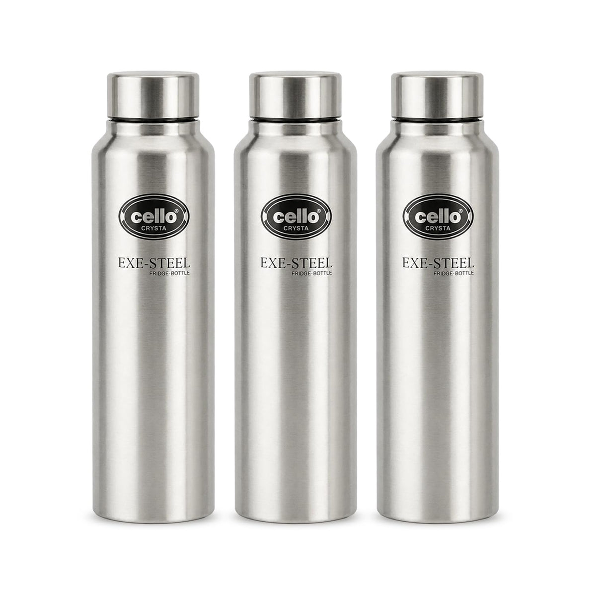 CELLO Crysta Stainless Steel Water Bottle for Daily Use Set of 3 Pcs Silver, 1000 ml | Single Wall, Rustproof & Leakproof, Fridge Safe | Stainless Steel Water Bottle for Kids, Office, Travel, Picnic