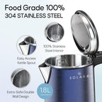 SOLARA Premium Electric Kettle Xtra Large, 1500 Watt, 1.8L Double Wall 100% Stainless Steel, BPA-Free, Cool Touch Tea Kettle with Overheating Protection, Cordless with Auto Shut-Off, Metallic Blue