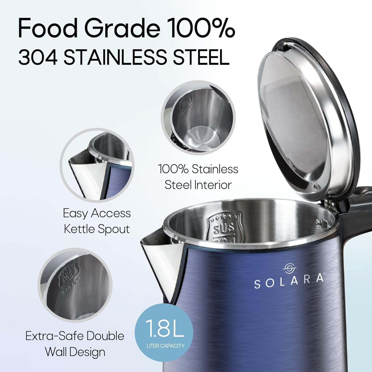 SOLARA Premium Electric Kettle Xtra Large, 1500 Watt, 1.8L Double Wall 100% Stainless Steel, BPA-Free, Cool Touch Tea Kettle with Overheating Protection, Cordless with Auto Shut-Off, Metallic Blue