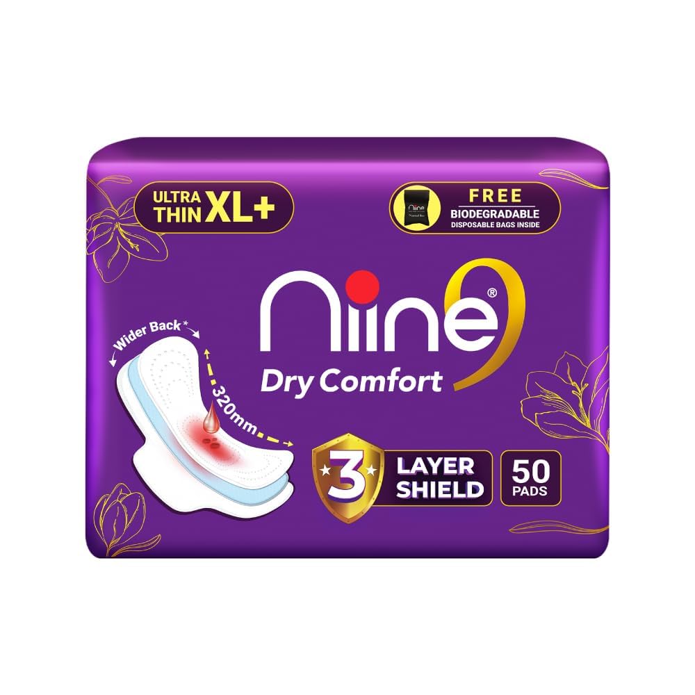 NIINE Dry Comfort Ultra Thin XL+ Sanitary Napkins for Heavy Flow (Pack of 1)50 Pads|320mm Long