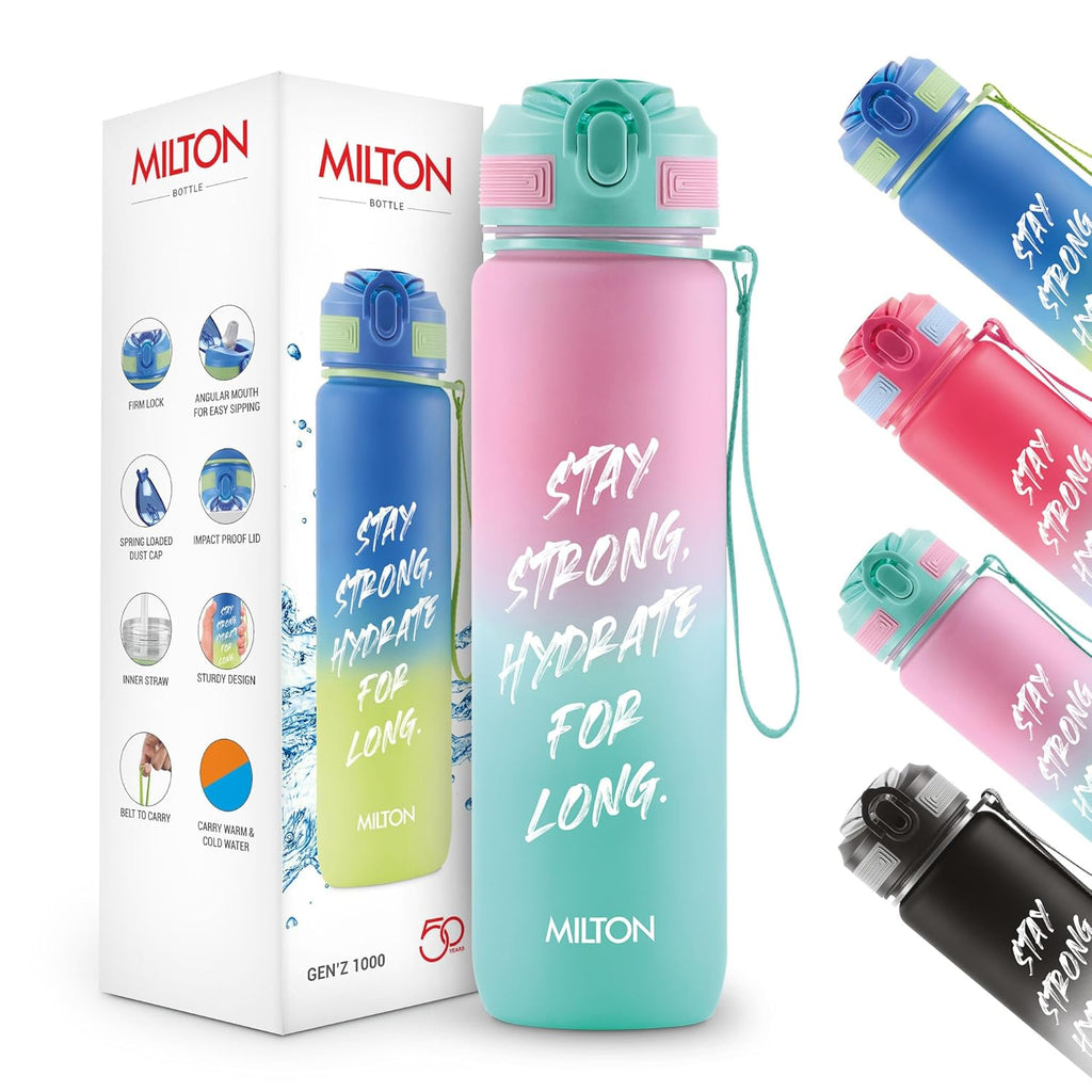 MILTON Gen'Z Water Bottle 1 ltr (Stay Strong), Motivational Water Bottles With Leak Proof Flip-Top Cap & Capacity Mark, Gym Bottle Sipper Water Bottle For Adults, Plastic, Pink
