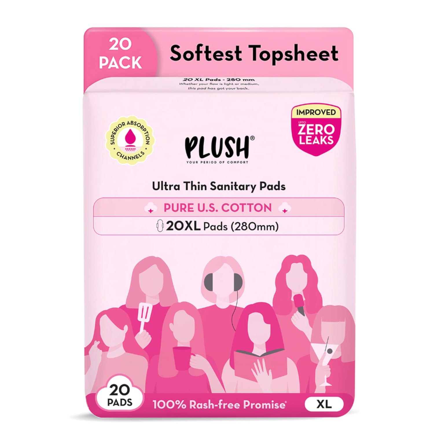 Plush Ultra-Thin Extra Large Sanitary Napkins for Women, 30 Pcs | For Light-Medium Flow | 100% Rash-Free | Pure U.S. Cotton XL Sanitary Pads | No Fragrance | No Toxic-Chemicals