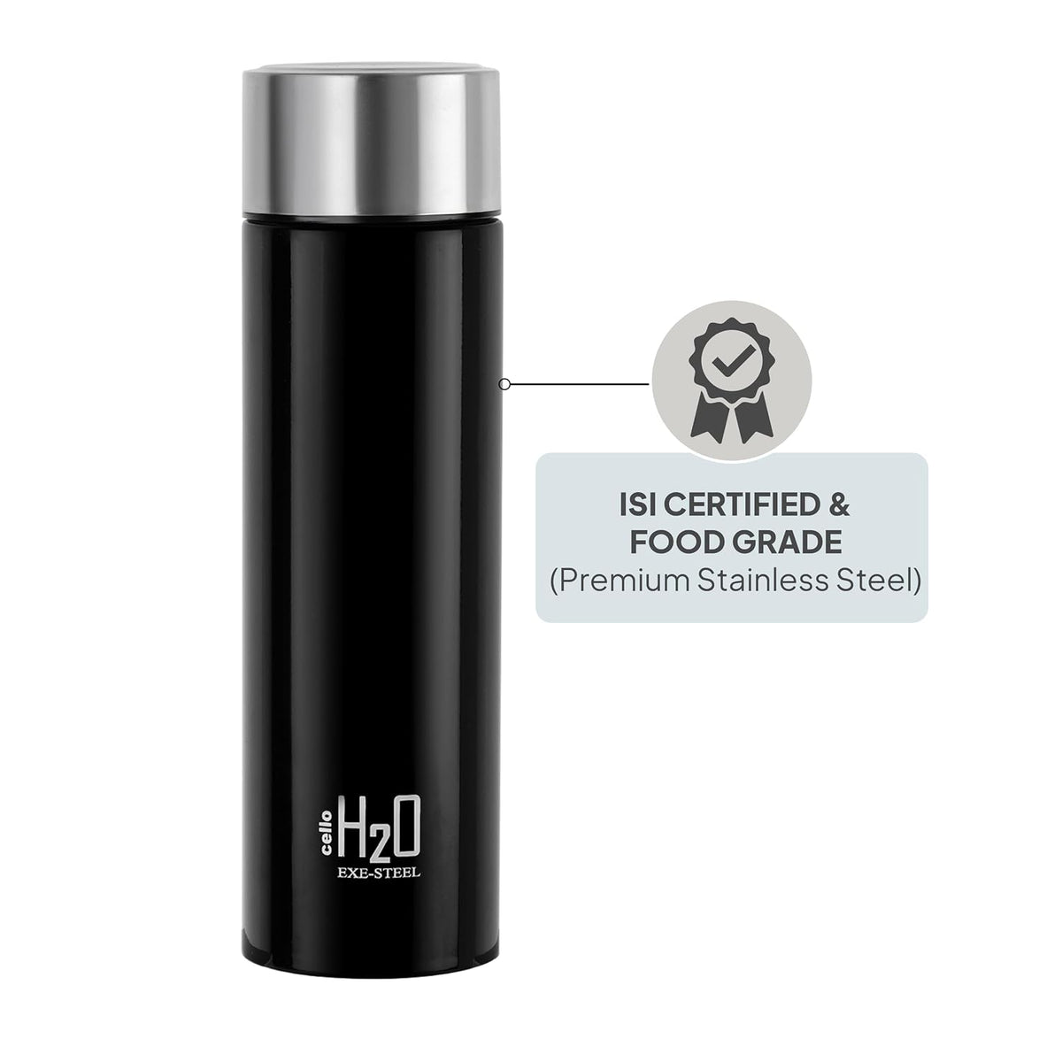 CELLO H2O Stainless Steel Water Bottle for Office & Daily Use 1000 ml, Black | Single Wall Freezer & Fridge Safe, Lightweight & Stylish Leakproof Rustproof Steel Water Bottle for School, Gym & Travel