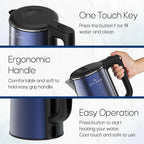 SOLARA Premium Electric Kettle Xtra Large, 1500 Watt, 1.8L Double Wall 100% Stainless Steel, BPA-Free, Cool Touch Tea Kettle with Overheating Protection, Cordless with Auto Shut-Off, Metallic Blue