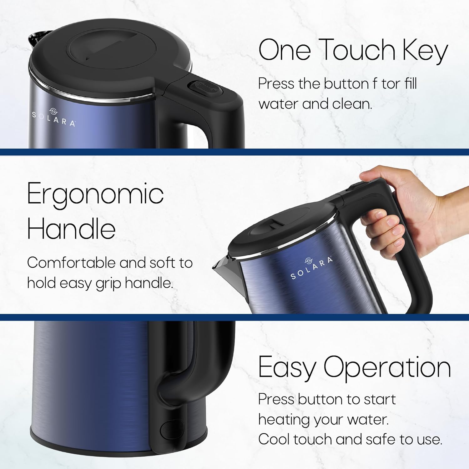 SOLARA Premium Electric Kettle Xtra Large, 1500 Watt, 1.8L Double Wall 100% Stainless Steel, BPA-Free, Cool Touch Tea Kettle with Overheating Protection, Cordless with Auto Shut-Off, Metallic Blue