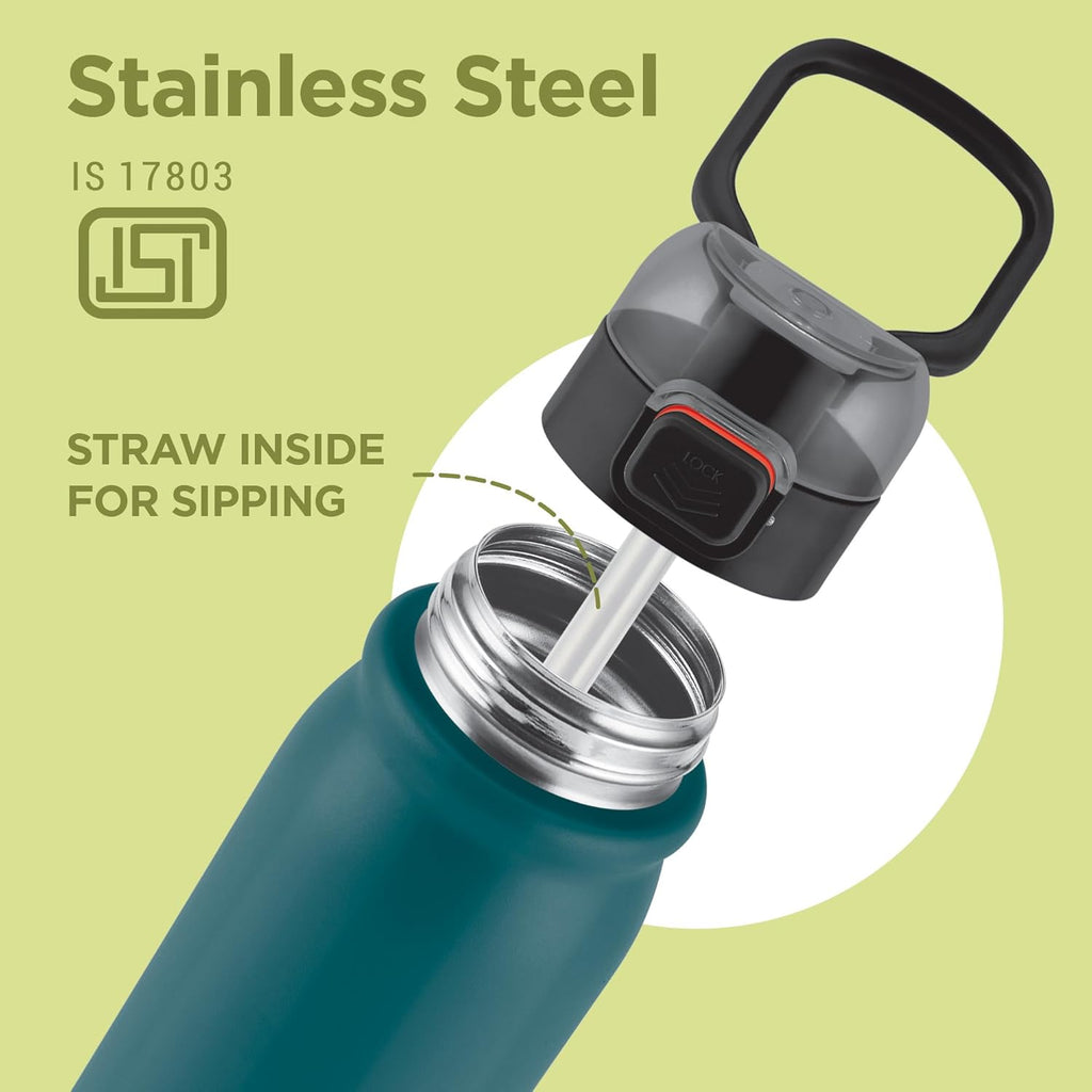 MILTON Reva 1000 ISI Certified Stainless Steel Water Bottle with Twin Lid Sip or Gulp, 1 Litre | Single Wall, BPA-Free, Leakproof | Sturdy Handle | Ideal for Home, Office, Gym & Travel, Teal Blue