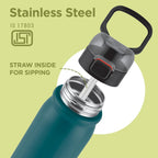 MILTON Reva 1000 ISI Certified Stainless Steel Water Bottle with Twin Lid Sip or Gulp, 1 Litre | Single Wall, BPA-Free, Leakproof | Sturdy Handle | Ideal for Home, Office, Gym & Travel, Teal Blue