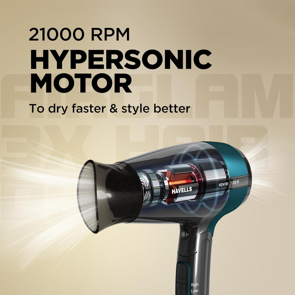 Havells Styling Hair Dryer | Hypersonic Motor | 3 Detachable Attachment| Diffuser, Quill-Style Comb, Aerofocus Nozzle|3 Temperature/2 Speed Settings| Cool Shot| 1200 W |2 years guarantee|HD4161