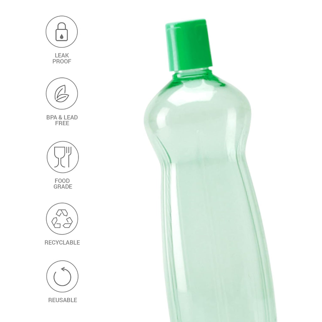 MILTON Pacific Pack of 6 Water Bottles, 1 Litre Each, Reusable Plastic Fridge Bottle Set, BPA Free and Leak Proof Bottles for Travel, Work, Green