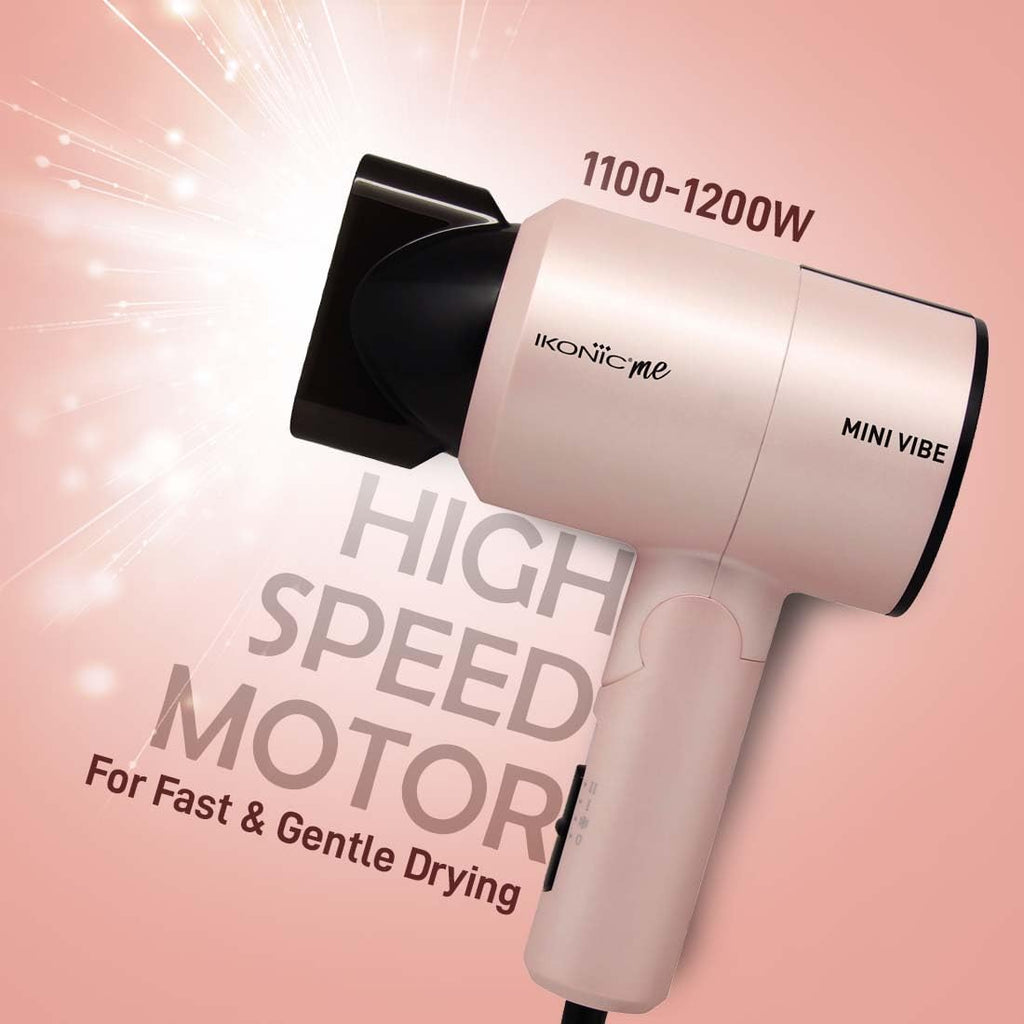 IKONIC Mini Vibe Hair Dryer 1200 Watts with 2 Speed Setting Cool Shot Overheat Protection, Compact Design, Travel Friendly,Glossy Finish Look, All Hair Type, Pink