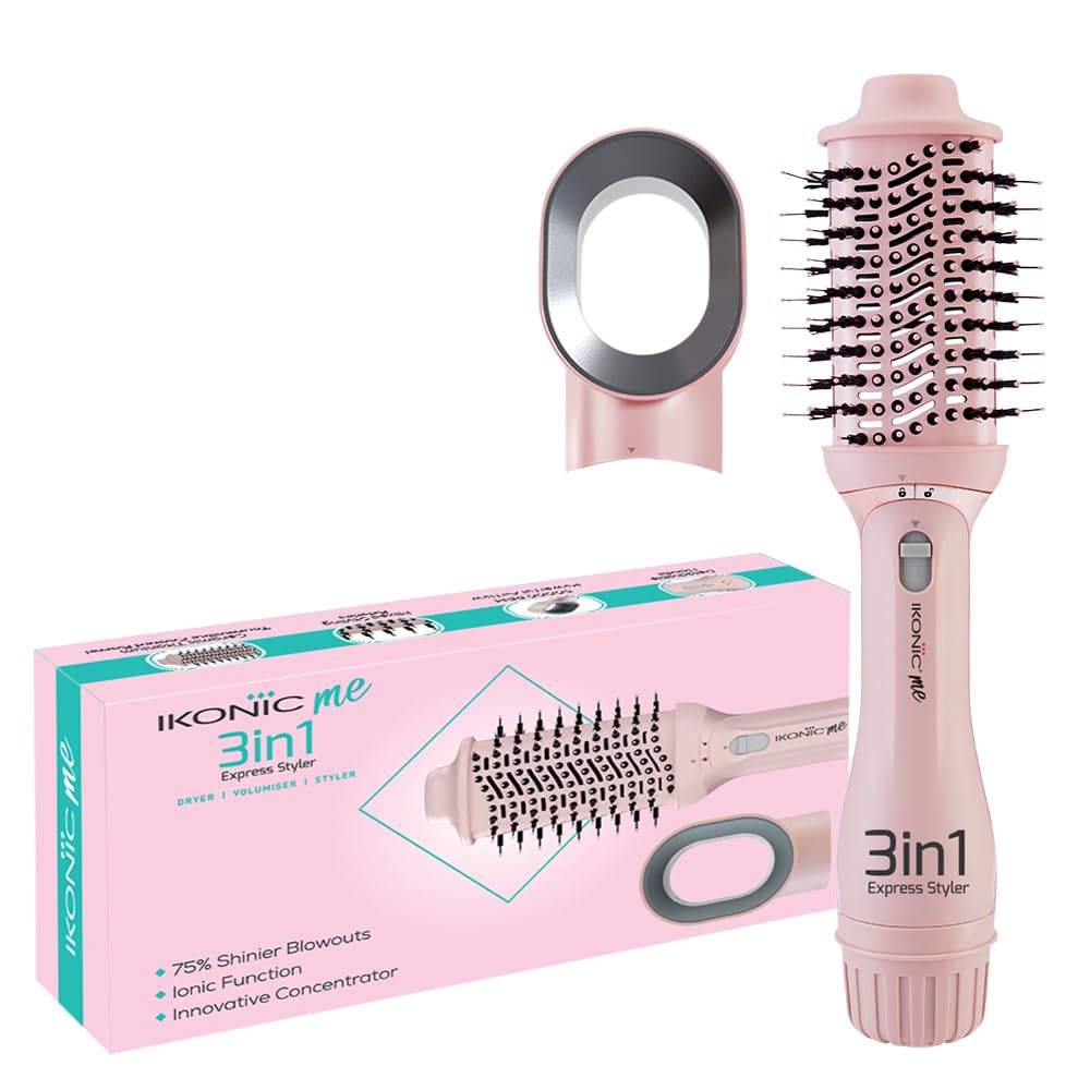 Ikonic Me 3-In-1 Express Styler Hot Air Brush For Women, 1200W Hair Dryer Brush With 1.5-Inch Ceramic Titanium Tourmaline Barrel, Blow Dryer, Hair Straightener, Volumizer Brush, Fast Drying, Frizz-Free Styling, Pink