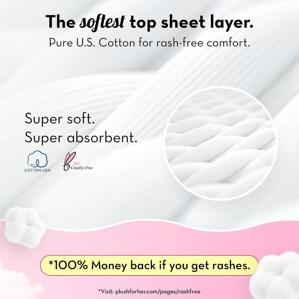 Plush Ultra-Thin Extra Large Sanitary Napkins for Women, 20 Pcs | For Light-Medium Flow | 100% Rash-Free | Pure U.S. Cotton XL Sanitary Pads | No Fragrance | No Toxic-Chemicals
