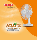 USHA Striker Plus Table Fan | 400mm Sweep | 2100 RPM High-Speed Air Delivery | 100% Copper Motor |Jerk-Free Uniform Oscillation |Aerodynamic Blade Design |Anti-Rust Protection | 2-Year Warranty |White