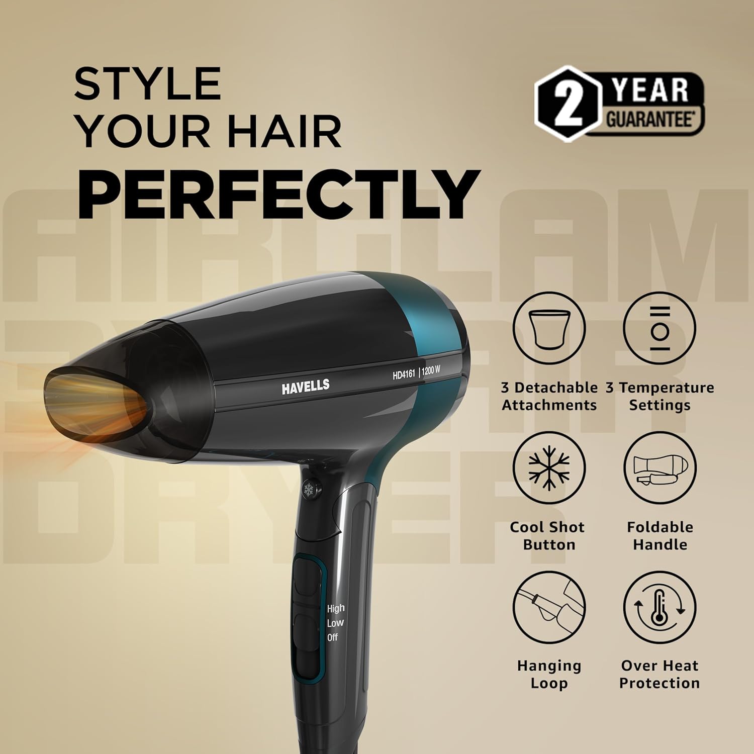 Havells Styling Hair Dryer | Hypersonic Motor | 3 Detachable Attachment| Diffuser, Quill-Style Comb, Aerofocus Nozzle|3 Temperature/2 Speed Settings| Cool Shot| 1200 W |2 years guarantee|HD4161