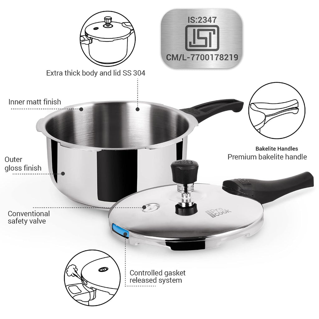 Milton ProCook Triply Pressure Cooker Stainless Steel with Outer Lid, 1.5 Litres, Induction and Gas Stove Compatible, Gasket Release System, 5 Years Warranty, ISI Certified, Silver