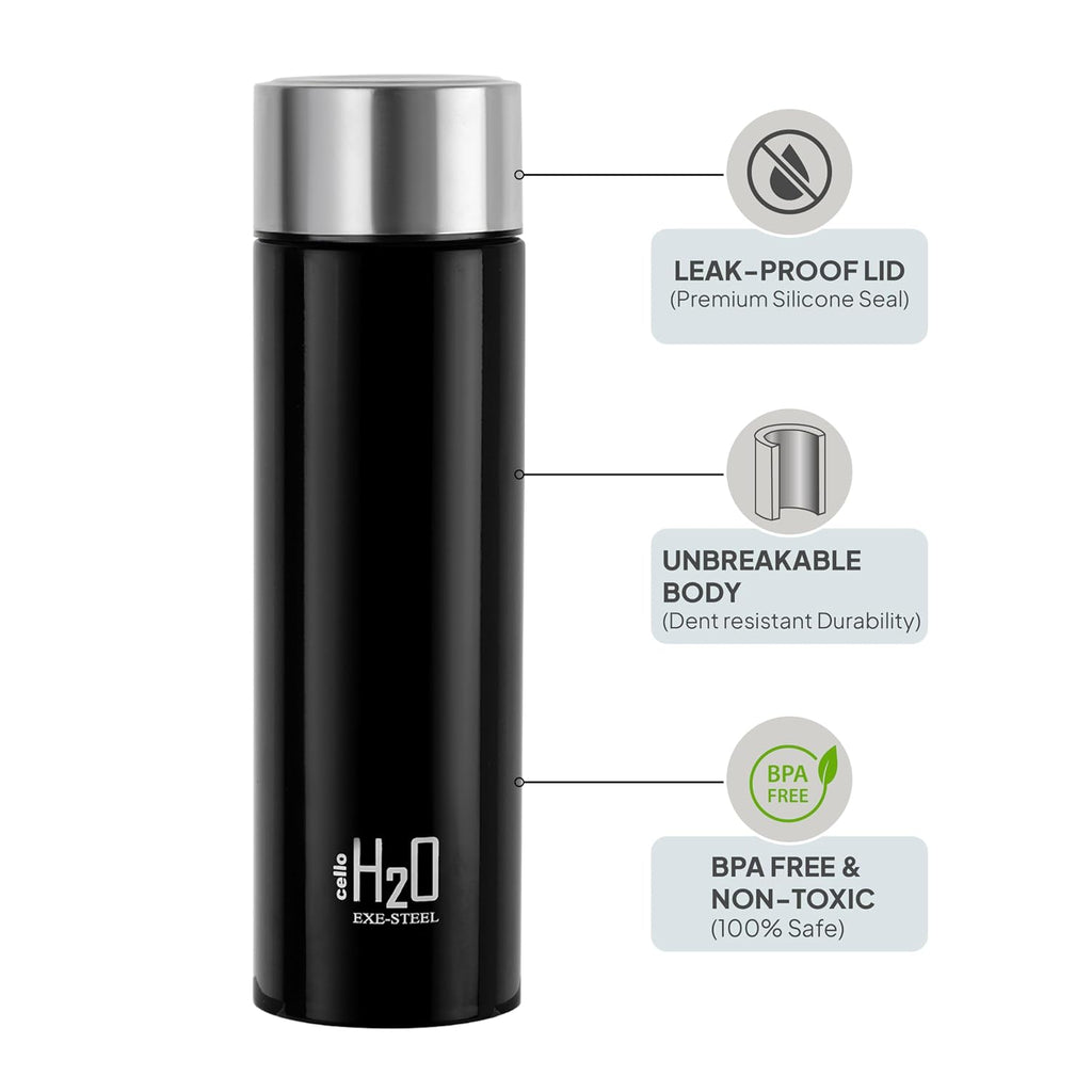 CELLO H2O Stainless Steel Water Bottle for Office & Daily Use 1000 ml, Black | Single Wall Freezer & Fridge Safe, Lightweight & Stylish Leakproof Rustproof Steel Water Bottle for School, Gym & Travel