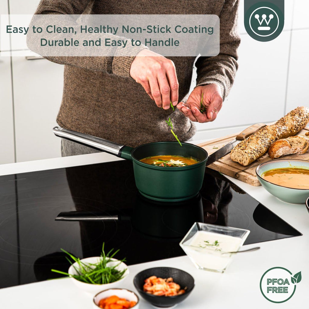 Westinghouse Performance Series Non Stick Saucepan 18cm - Lightweight Cast Aluminium - Saucepans for Induction Hobs, All Other Stove Types & Oven Proof - Stainless Steel Handle - Green WCSP0095N18SG