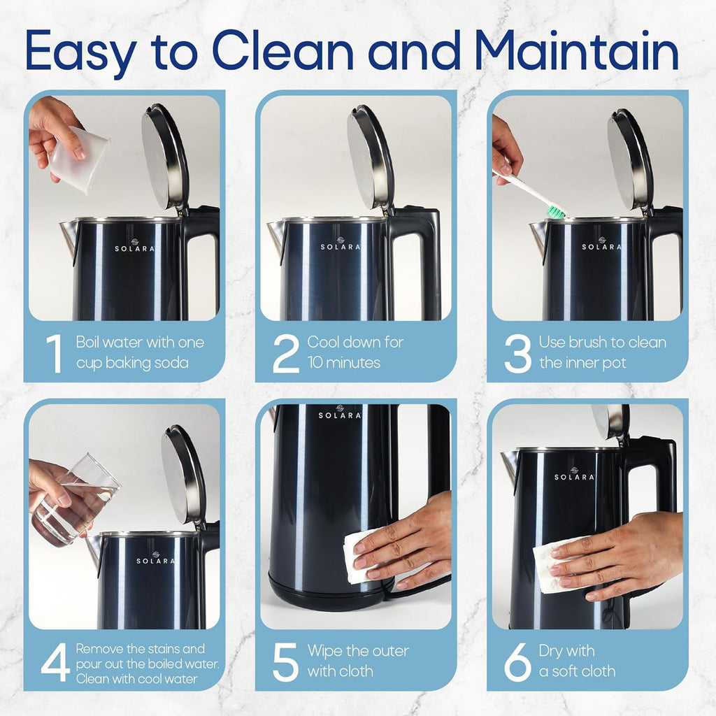 SOLARA Premium Electric Kettle Xtra Large, 1500 Watt, 1.8L Double Wall 100% Stainless Steel, BPA-Free, Cool Touch Tea Kettle with Overheating Protection, Cordless with Auto Shut-Off, Metallic Blue