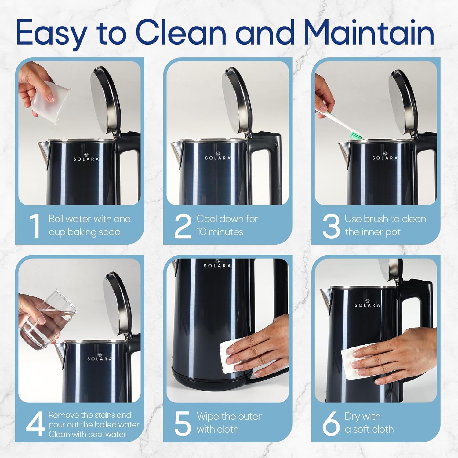 SOLARA Premium Electric Kettle Xtra Large, 1500 Watt, 1.8L Double Wall 100% Stainless Steel, BPA-Free, Cool Touch Tea Kettle with Overheating Protection, Cordless with Auto Shut-Off, Metallic Blue