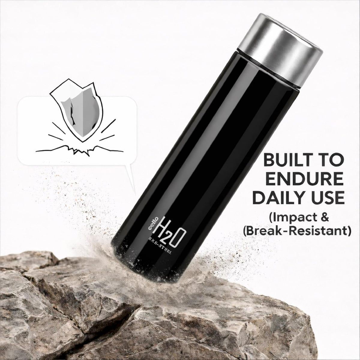 CELLO H2O Stainless Steel Water Bottle for Office & Daily Use 1000 ml, Black | Single Wall Freezer & Fridge Safe, Lightweight & Stylish Leakproof Rustproof Steel Water Bottle for School, Gym & Travel