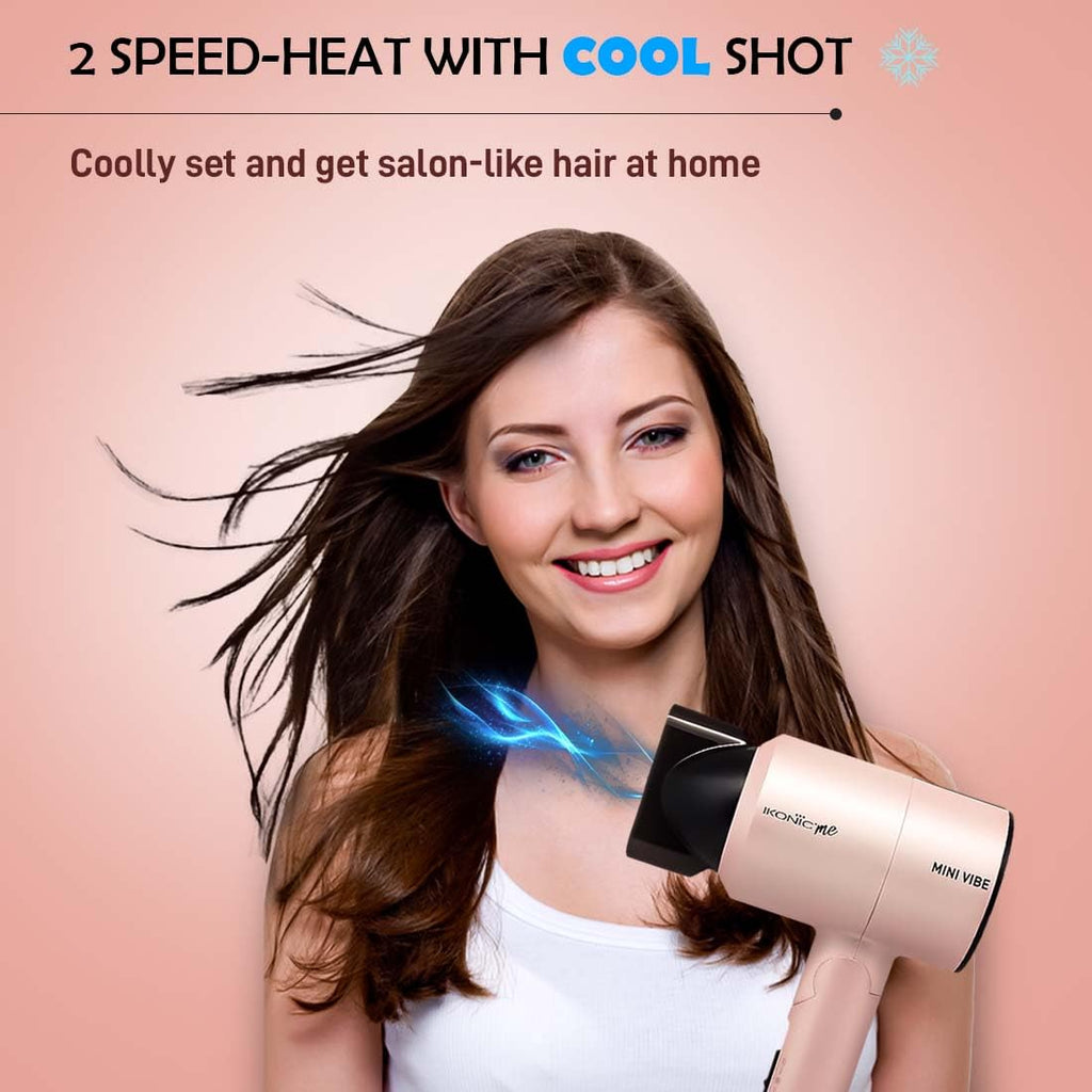 IKONIC Mini Vibe Hair Dryer 1200 Watts with 2 Speed Setting Cool Shot Overheat Protection, Compact Design, Travel Friendly,Glossy Finish Look, All Hair Type, Pink