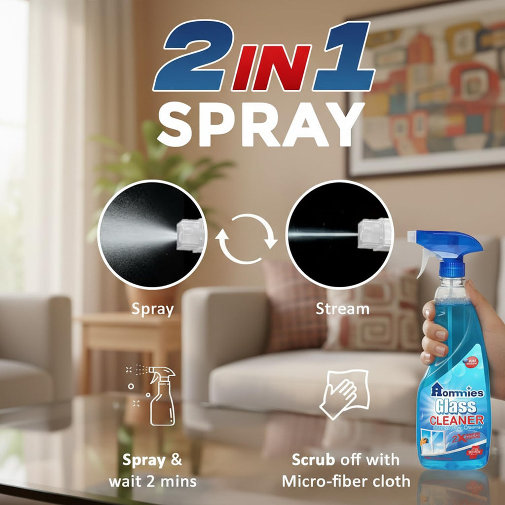 Hommies Glass & Surface Cleaner Spray 500ml x2 Pack | Streak-Free Shine, For Windows, Mirrors, Kitchen, Car, All-Purpose Multi Surface, No Residue