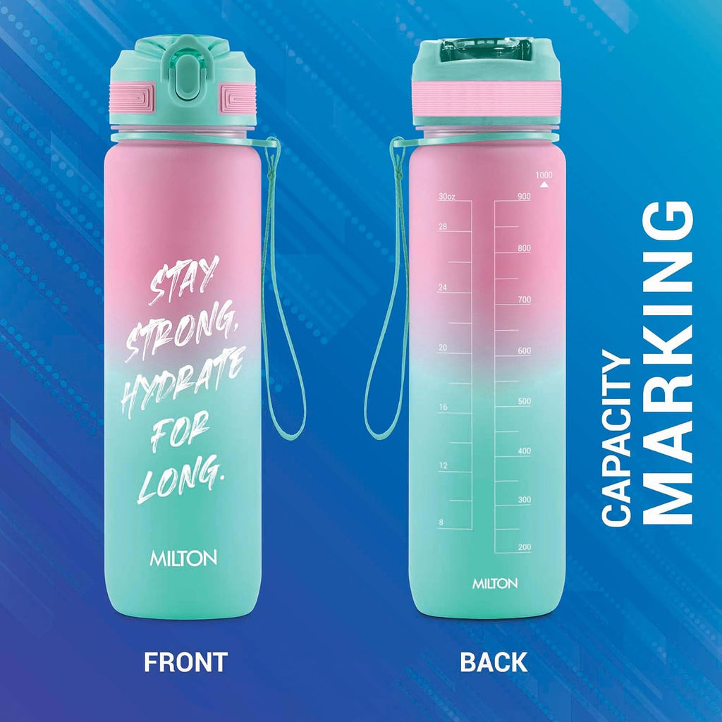 MILTON Gen'Z Water Bottle 1 ltr (Stay Strong), Motivational Water Bottles With Leak Proof Flip-Top Cap & Capacity Mark, Gym Bottle Sipper Water Bottle For Adults, Plastic, Pink