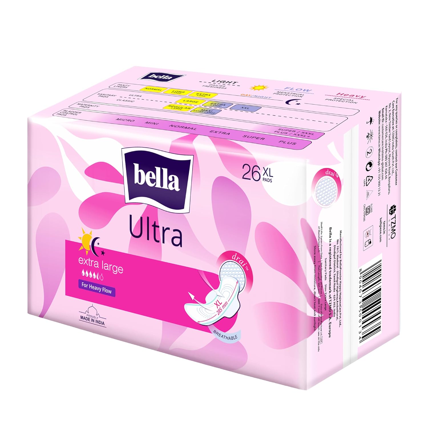 Bella Ultra Drai Sanitary Pads Women XL - 26pcs | Drai Topsheet | 28.5 Cm Long for Heavy Flow |Breathable | Lock Gel System | Green Edge System | Fast Absorption | Rash Free Period