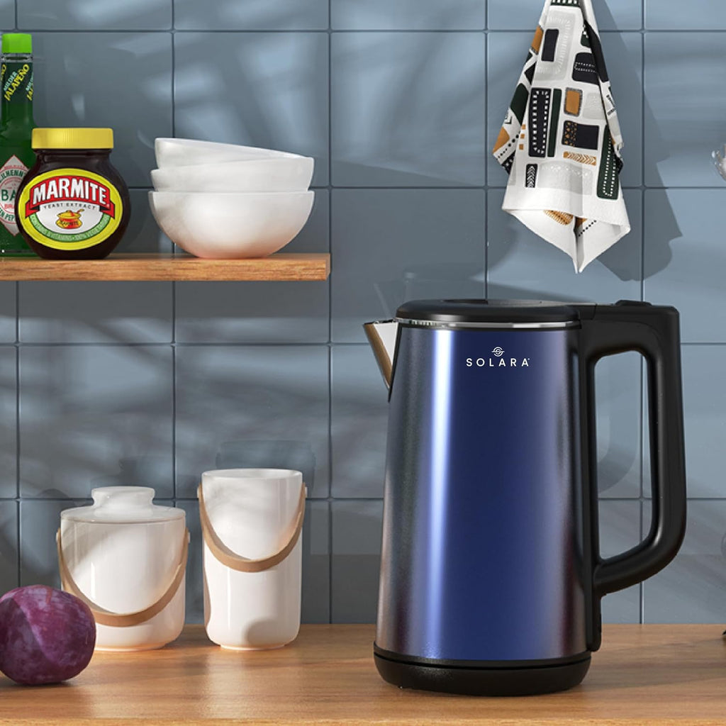SOLARA Premium Electric Kettle Xtra Large, 1500 Watt, 1.8L Double Wall 100% Stainless Steel, BPA-Free, Cool Touch Tea Kettle with Overheating Protection, Cordless with Auto Shut-Off, Metallic Blue
