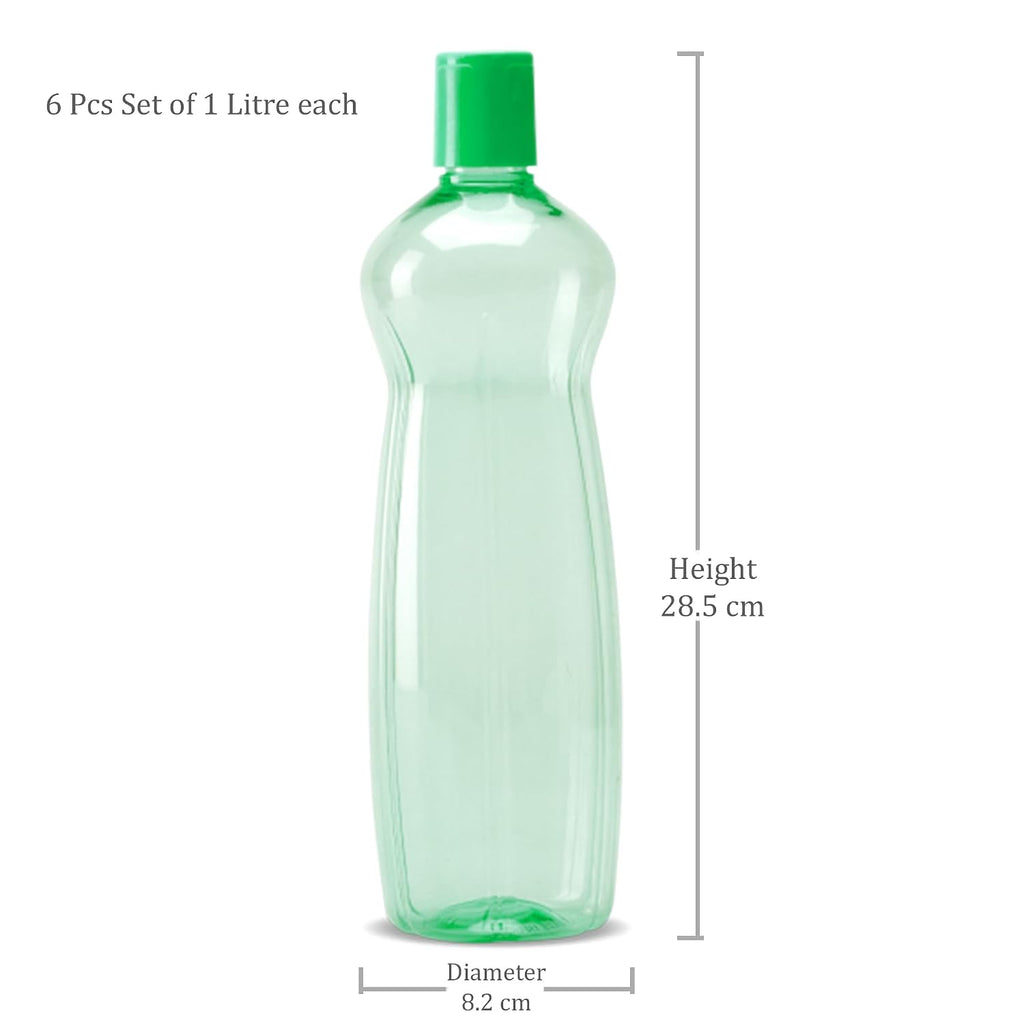 MILTON Pacific Pack of 6 Water Bottles, 1 Litre Each, Reusable Plastic Fridge Bottle Set, BPA Free and Leak Proof Bottles for Travel, Work, Green