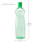 MILTON Pacific Pack of 6 Water Bottles, 1 Litre Each, Reusable Plastic Fridge Bottle Set, BPA Free and Leak Proof Bottles for Travel, Work, Green