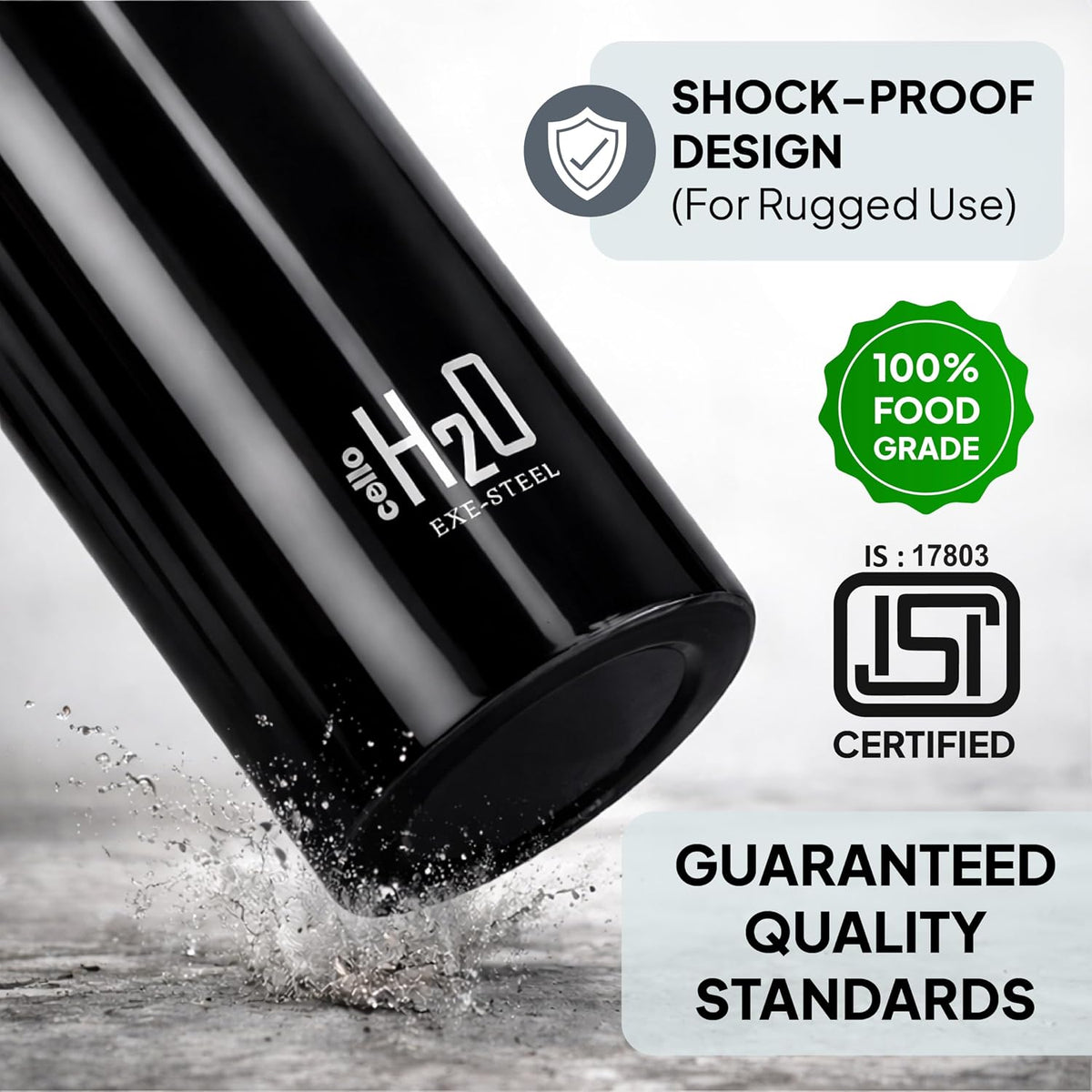 CELLO H2O Stainless Steel Water Bottle for Office & Daily Use 1000 ml, Black | Single Wall Freezer & Fridge Safe, Lightweight & Stylish Leakproof Rustproof Steel Water Bottle for School, Gym & Travel