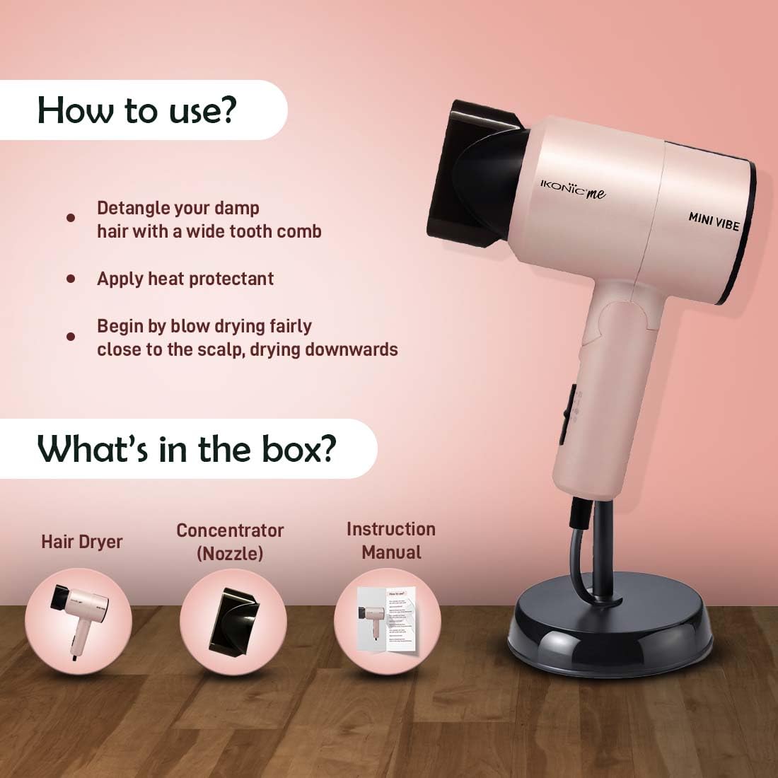 IKONIC Mini Vibe Hair Dryer 1200 Watts with 2 Speed Setting Cool Shot Overheat Protection, Compact Design, Travel Friendly,Glossy Finish Look, All Hair Type, Pink