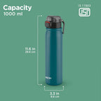 MILTON Reva 1000 ISI Certified Stainless Steel Water Bottle with Twin Lid Sip or Gulp, 1 Litre | Single Wall, BPA-Free, Leakproof | Sturdy Handle | Ideal for Home, Office, Gym & Travel, Teal Blue