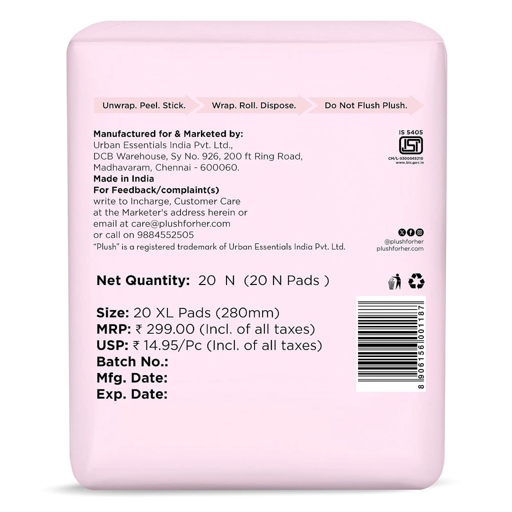 Plush Ultra-Thin Extra Large Sanitary Napkins for Women, 20 Pcs | For Light-Medium Flow | 100% Rash-Free | Pure U.S. Cotton XL Sanitary Pads | No Fragrance | No Toxic-Chemicals