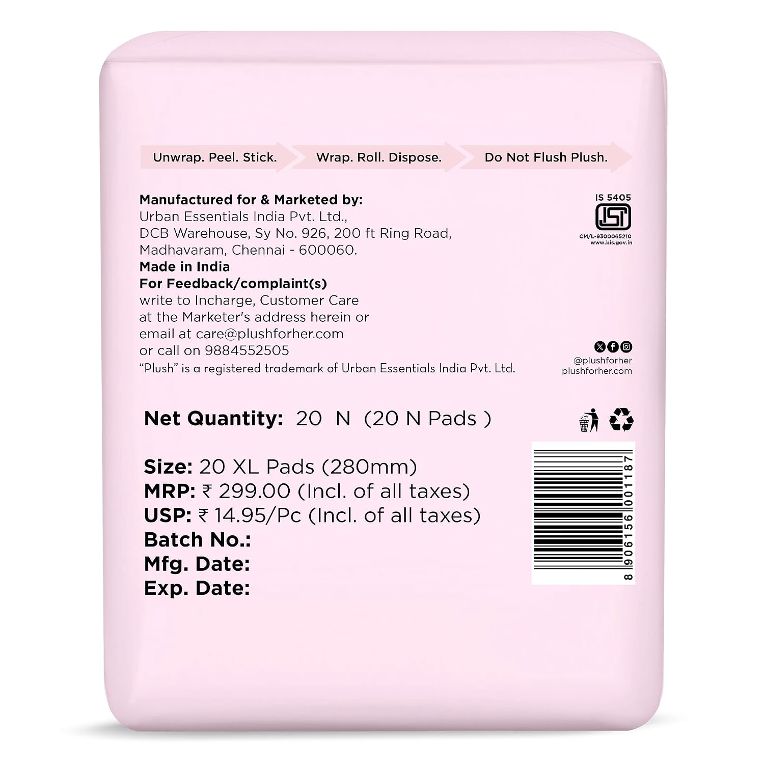 Plush Ultra-Thin Extra Large Sanitary Napkins for Women, 30 Pcs | For Light-Medium Flow | 100% Rash-Free | Pure U.S. Cotton XL Sanitary Pads | No Fragrance | No Toxic-Chemicals