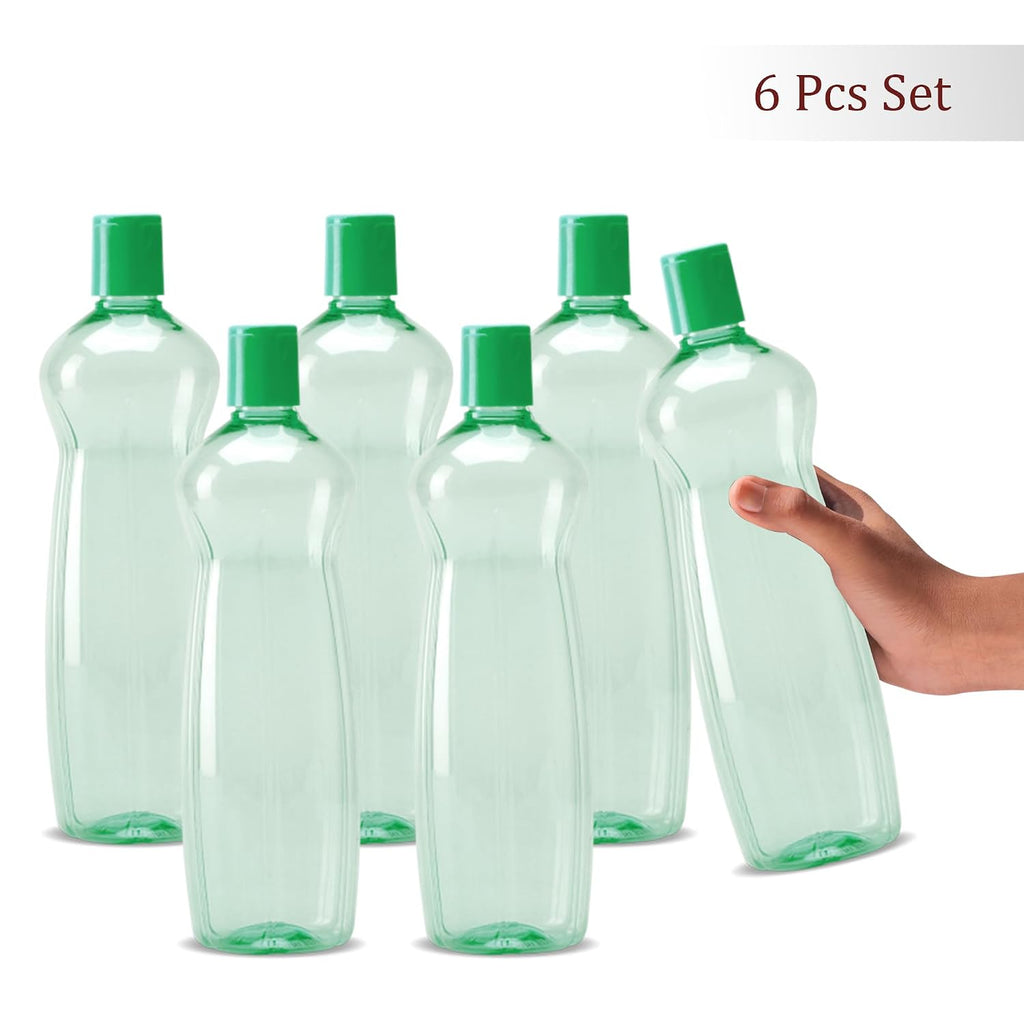 MILTON Pacific Pack of 6 Water Bottles, 1 Litre Each, Reusable Plastic Fridge Bottle Set, BPA Free and Leak Proof Bottles for Travel, Work, Green