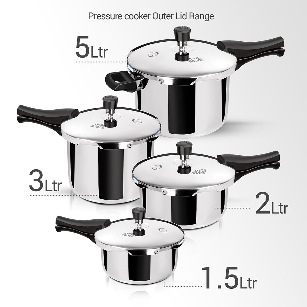 Milton ProCook Triply Pressure Cooker Stainless Steel with Outer Lid, 1.5 Litres, Induction and Gas Stove Compatible, Gasket Release System, 5 Years Warranty, ISI Certified, Silver