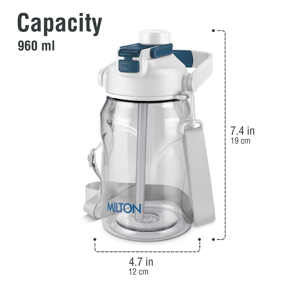 MILTON Eros 1000, 2-in-1 Sip or Gulp Lid Water Bottle 960ml | Unbreakable - Crystal Clear Plastic | Leak-Proof & BPA-Free, One-Click Open | Ideal for School, Office, Gym & Travel Use, White