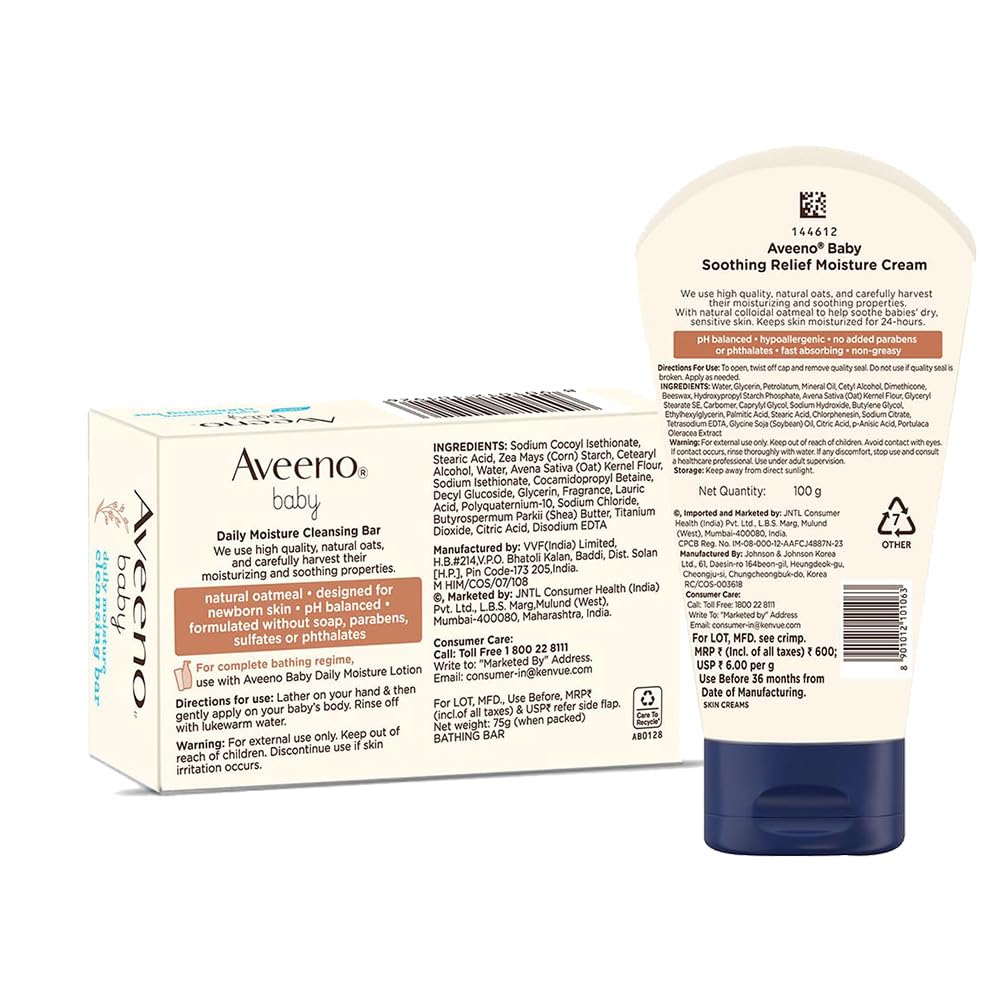 Aveeno Baby Soothing Relief Moisturizing Cream 100g & Daily Moisture Cleansing Bar 75g | Natural Oatmeal | Nourishing & Gentle Care for Dry, Sensitive Skin | Hypoallergenic | Recommended by US Pediatricians